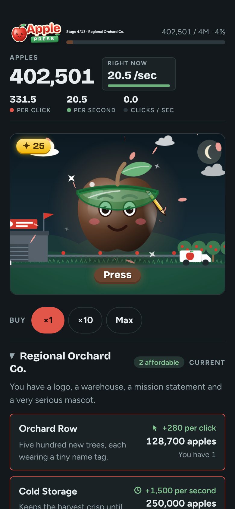 Apple Press on a phone in dark mode, with a night scene