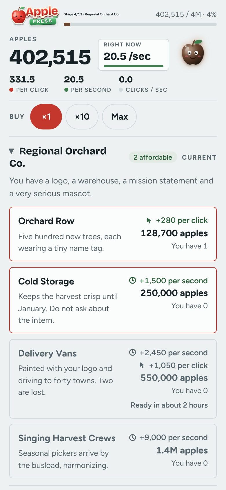 The upgrade list on a phone, with per click and per second gains