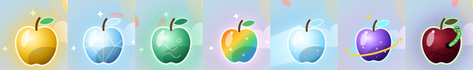 Special apples that fly across the scene: golden, crystal, jade, rainbow, comet, cosmic and poison